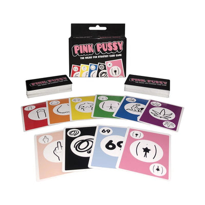 Pink Pussy adult strategy card game with colorful illustrated cards and black game box displayed on white background.