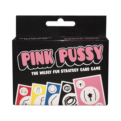 Box of Pink Pussy strategy card game featuring colorful illustrated cards and bold pink and black lettering on packaging.