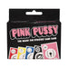 Box of Pink Pussy strategy card game featuring colorful illustrated cards and bold pink and black lettering on packaging.