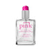 Clear glass 4 oz bottle of Pink Silicone Lubricant for women with pink pump and label, enriched with Vitamin E and Aloe Vera.