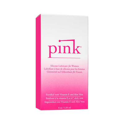 Box packaging of Pink Silicone Lubricant for women, 4 oz, featuring Vitamin E and Aloe Vera, in white and pink gradient design.
