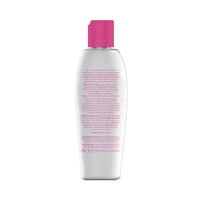 Back view of Pink Silicone Lube 4.7 oz bottle with pink flip top cap and product information text.