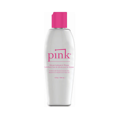 Bottle of Pink Silicone Lubricant for women with pink flip-top cap and label, 4.7 oz size.