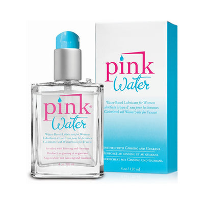 Clear glass bottle of Pink Water 4oz water-based lubricant with blue pump next to matching blue and white box packaging.