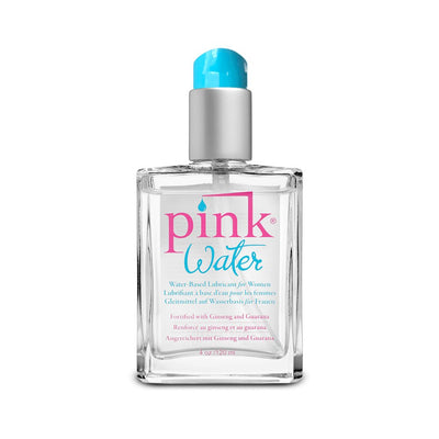 Clear 4oz glass bottle of Pink Water water-based lubricant with blue pump and pink and blue label text.