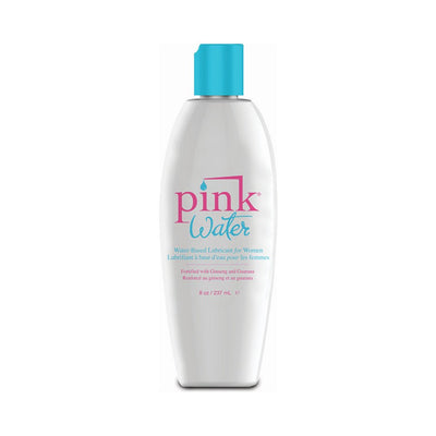 8 oz white bottle of Pink Water water-based personal lubricant with blue cap and pink and blue text on label