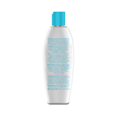 Back view of Pink Water 8 oz personal lubricant bottle with blue flip cap and product information text.