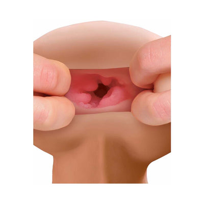 Close-up of hands stretching the soft, textured opening of a realistic handheld adult toy.