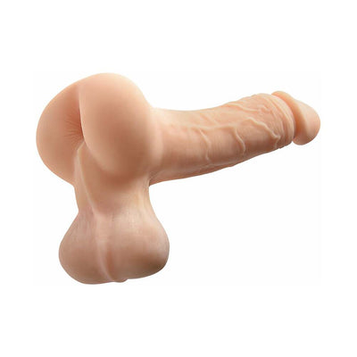 Realistic handheld masturbator featuring a detailed 7-inch penis and lifelike round buttocks in skin tone.