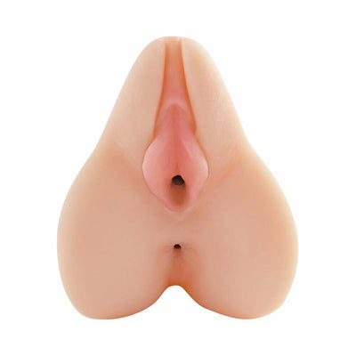 Realistic flesh-toned vibrating male masturbator with detailed dual openings and soft texture.