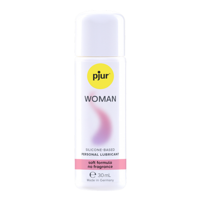 Pjur Woman Body Glide silicone-based personal lubricant in a 30ml white bottle with pink and yellow accents.