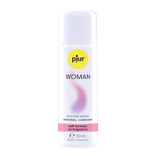 Pjur Woman Body Glide silicone-based personal lubricant in a 30ml white bottle with pink and yellow accents.