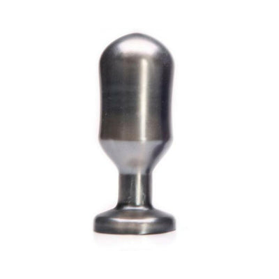 Metallic midnight purple keg-shaped adult toy with a smooth, rounded tip and flared base for secure placement.