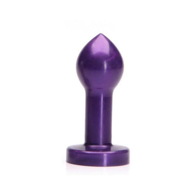 Purple silicone butt plug with a tapered head and flared base for comfortable, safe wear.