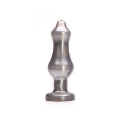 Silver silicone butt plug with tapered tip and flared base, designed for comfortable and safe use.