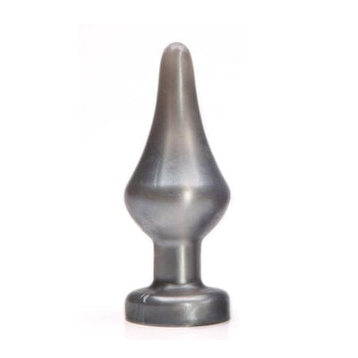 Gray tapered silicone sensation toy with a flared base designed for comfortable extended use.