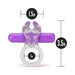 Clear and purple vibrating C-ring with soft rabbit ears and bullet, dimensions 3.5 by 1.5 inches, 1-inch inner ring diameter.