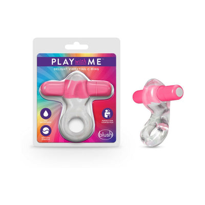 Blush Play with Me Delight Vibrating C Ring in clear and pink, shown in packaging and standalone view.