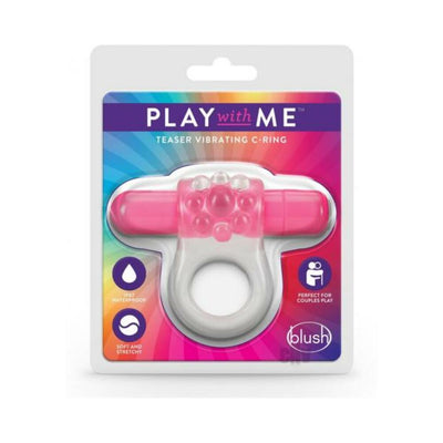 Blush Play with Me Teaser Vibrating C-Ring in pink and gray packaging with waterproof and stretchy features highlighted.