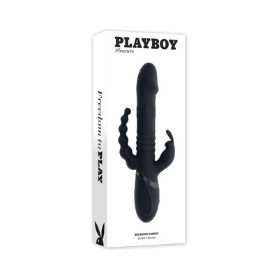 Playboy Big Bunny Energy triple stimulator vibrator in black silicone with packaging box showing product image and branding.