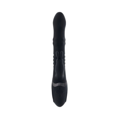 Black silicone triple stimulation vibrator with bunny-shaped external stimulator and control buttons on the handle.