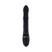 Black silicone triple stimulation vibrator with bunny-shaped external stimulator and control buttons on the handle.