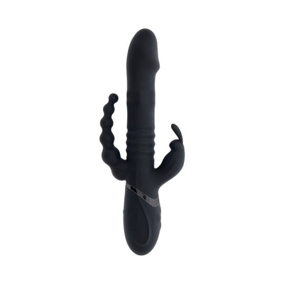 Black silicone triple stimulation vibrator with curved anal beads, rotating shaft, and external bunny-shaped stimulator.