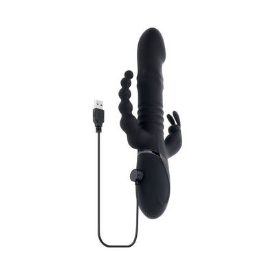 Black silicone triple stimulation vibrator with USB charging cable and multiple textured shafts.