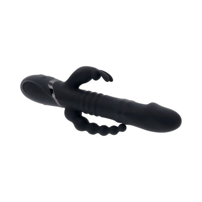 Black silicone triple stimulation vibrator with textured shaft, curved anal beads, and external bunny-shaped stimulator.