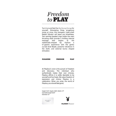 Product information sheet for Playboy Big Bunny Energy triple-stim vibrator highlighting features, dimensions, and brand values.