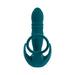 Deep teal silicone thrusting anal plug with vibrating ball cradle and stretchy cock ring design.