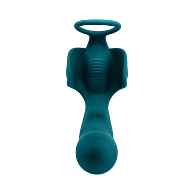 Deep teal rechargeable silicone anal plug with thrusting beaded shaft and vibrating ball cradle design.