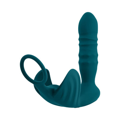 Deep teal rechargeable silicone anal plug with thrusting beaded shaft and vibrating ball cradle with stretchy ring.