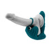 Deep teal silicone thrusting anal plug with vibrating ball cradle and stretchy cock ring on a white model.