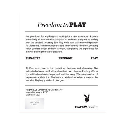 Playboy Bring It On product description highlighting freedom to play, pleasure, and product dimensions with brand logo.