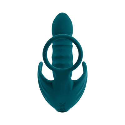 Deep teal rechargeable silicone anal plug with thrusting beaded shaft and vibrating ball cradle ring.