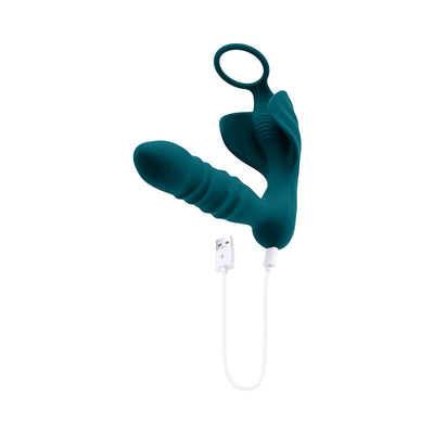 Deep teal rechargeable silicone anal plug with thrusting beaded shaft, vibrating ball cradle, and USB charging cable.