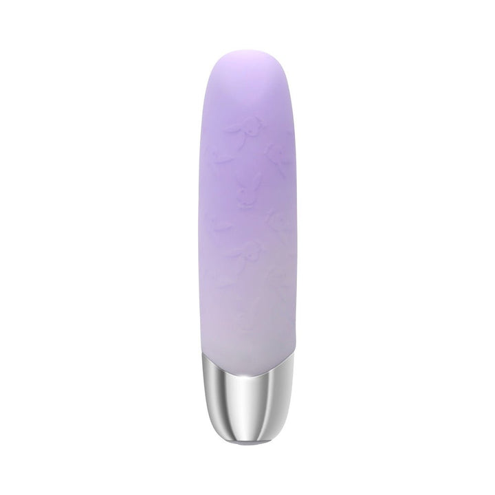 Purple to white gradient bullet vibrator with embossed Playboy Bunny logos and silver base.