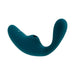 Deep teal dual vibrator with clitoral suction and curved vibrating shaft in smooth silicone finish.
