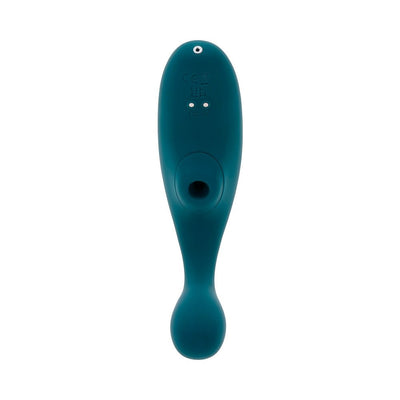 Deep teal silicone dual vibrator with clitoral suction and bulbous vibrating shaft, sleek ergonomic design.
