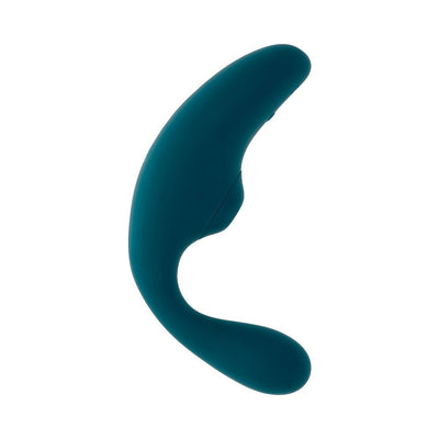 Deep teal curved dual vibrator with clitoral suction and flexible shaft, made from smooth body-safe silicone.
