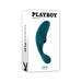 Playboy Charmer Deep Teal dual vibrator with clitoral suction and flexible shaft shown on white packaging box.
