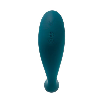 Deep teal silicone dual vibrator with two control buttons and Playboy logo on smooth surface.