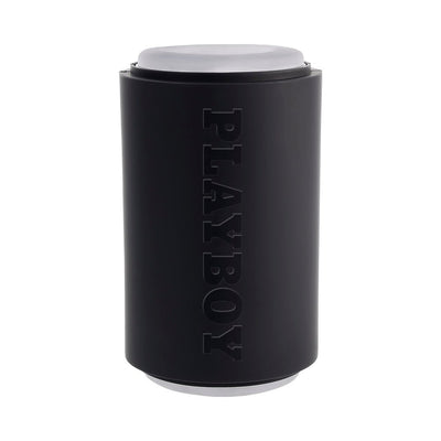 Black cylindrical Playboy Come Along 2AM travel-sized stroker with embossed logo on the side and white caps on top and bottom.