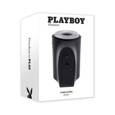Playboy Come Along 2AM travel-sized stroker with dual entries and grip-friendly canister in black packaging.