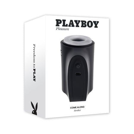 Playboy Come Along 2AM travel-sized stroker with dual entries and grip-friendly canister in black packaging.