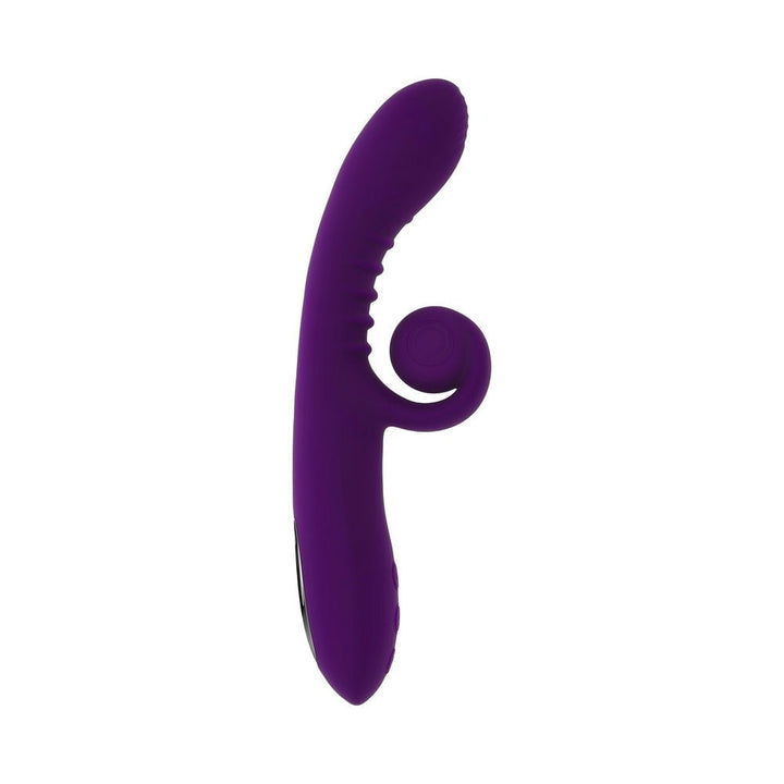 Purple silicone dual stim vibrator with curved G-spot shaft and flexible external stimulator spiral.