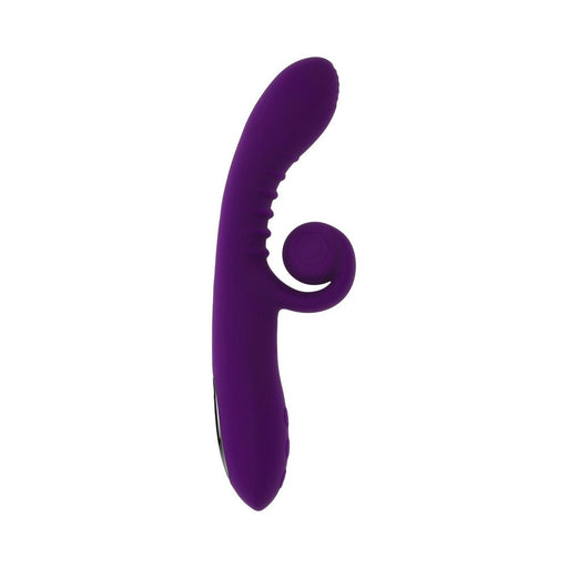 Purple silicone dual stim vibrator with curved G-spot shaft and flexible external stimulator spiral.
