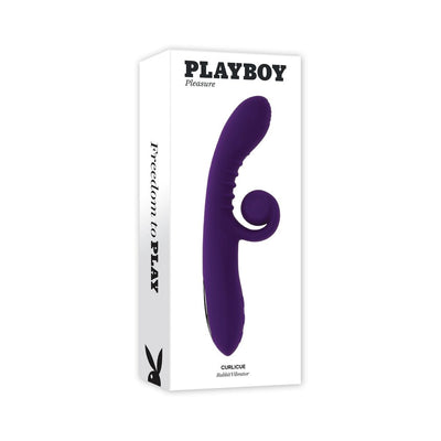 Playboy Curlicue dual stim vibrator in acai purple with curved design and flexible external stimulator on white packaging.