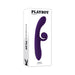 Playboy Curlicue dual stim vibrator in acai purple with curved design and flexible external stimulator on white packaging.